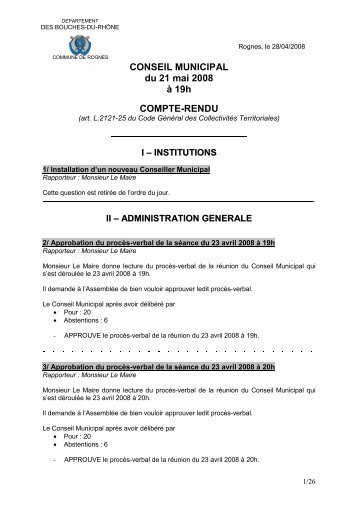 CONSEIL MUNICIPAL du 21 mai 2008 Ã  19h COMPTE ... - Rognes