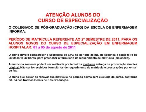 ATENÇÃO ALUNOS DO CURSO DE ESPECIALIZAÇÃO - Escola de ...