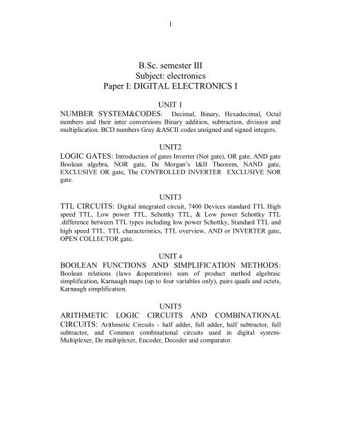 B.Sc. semester III Subject: electronics Paper I: DIGITAL ...