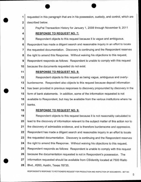 Respondent Response to Request for Production of Documents