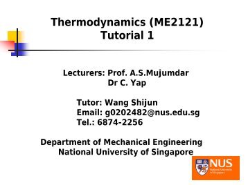 Thermodynamics (ME2121) Tutorial 1 - NUS - National University of ...