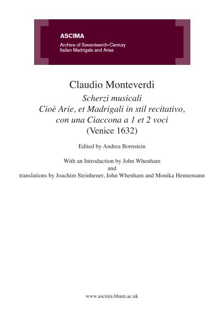 Monteverdi Scherzi Musicali 1632 - University of Birmingham