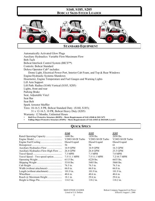 BOBCAT SUGGESTED PRICE LIST EFFECTIVE DATE: 8-1-2008 ...