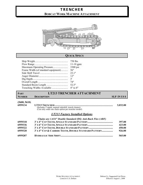 BOBCAT SUGGESTED PRICE LIST EFFECTIVE DATE: 8-1-2008 ...