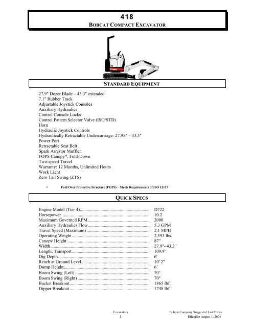 BOBCAT SUGGESTED PRICE LIST EFFECTIVE DATE: 8-1-2008 ...