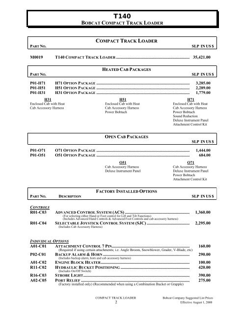 BOBCAT SUGGESTED PRICE LIST EFFECTIVE DATE: 8-1-2008 ...