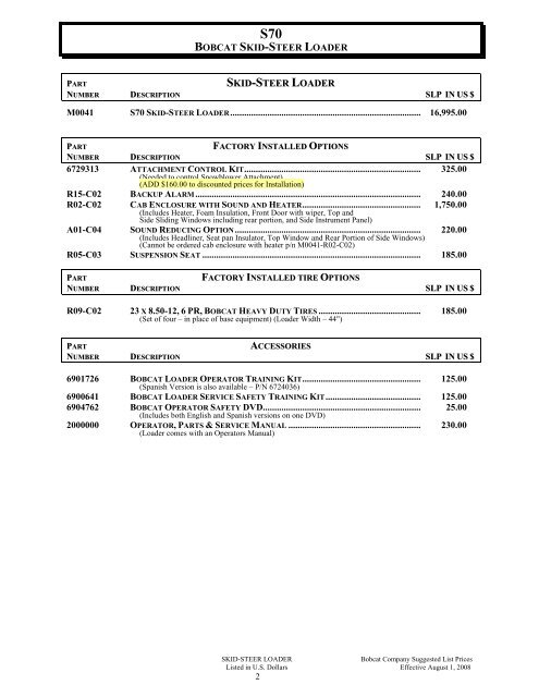 BOBCAT SUGGESTED PRICE LIST EFFECTIVE DATE: 8-1-2008 ...