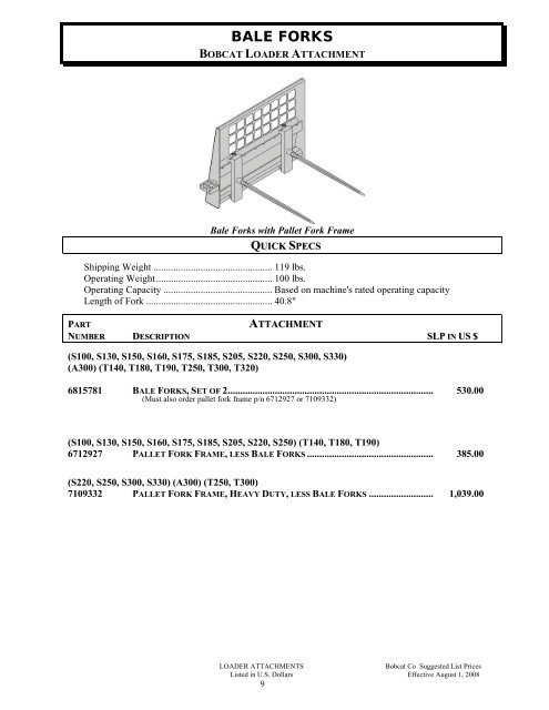 BOBCAT SUGGESTED PRICE LIST EFFECTIVE DATE: 8-1-2008 ...