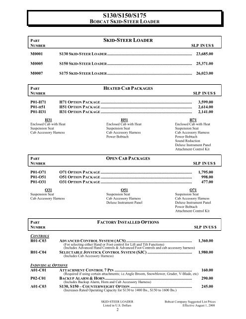 BOBCAT SUGGESTED PRICE LIST EFFECTIVE DATE: 8-1-2008 ...