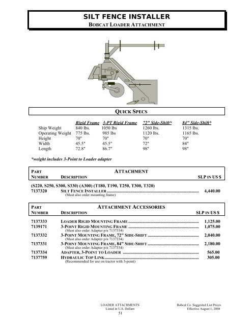 BOBCAT SUGGESTED PRICE LIST EFFECTIVE DATE: 8-1-2008 ...