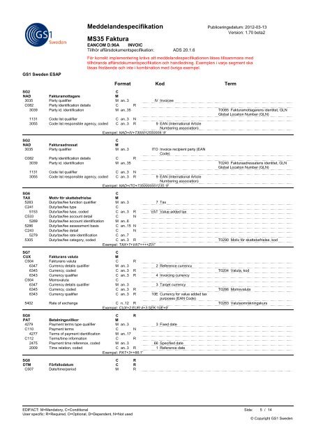 Meddelandespecifikation MS35 Faktura - GS1