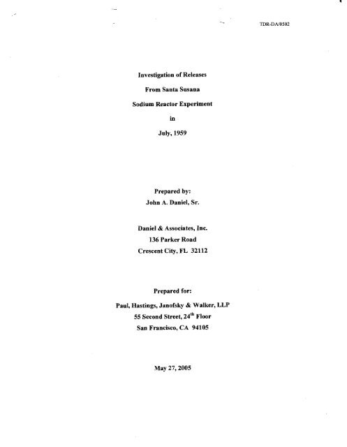 Investigation Of Releases From Santa Susana Sodium Etec Investigation Of Releases From Santa Susana Sodium Etec