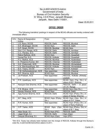 Transfer / Posting Order of BCAS Officials - Bureau of Civil Aviation ...