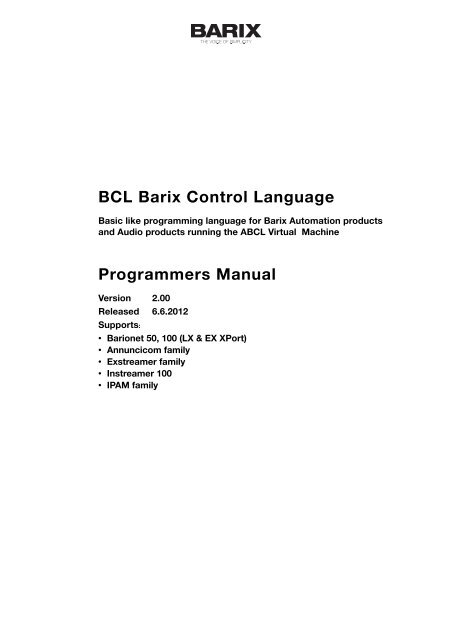 BCL Programmers Manual V2.00 (PDF) - Barix