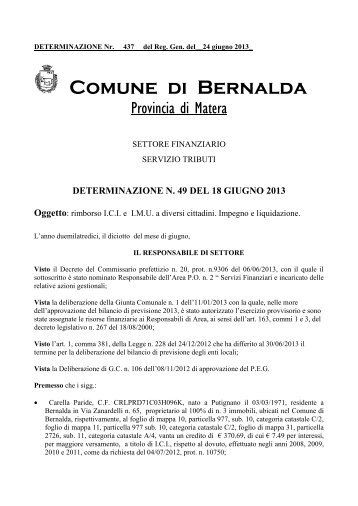 DETERMINA RIMBORSO IMU ANNO 2012[1].pdf - Comune di ...