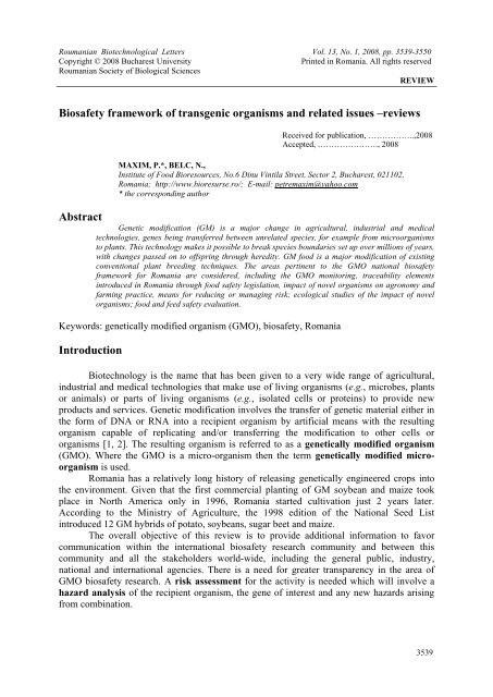 Biosafety Framework Of Transgenic Organisms And Related Issues