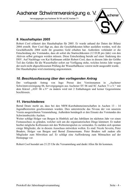 Jahreshauptversammlung 2005 - Aachener Schwimmvereinigung e.V.