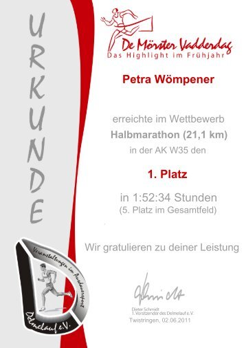 Petra Wömpener in 1:52:34 Stunden 1. Platz