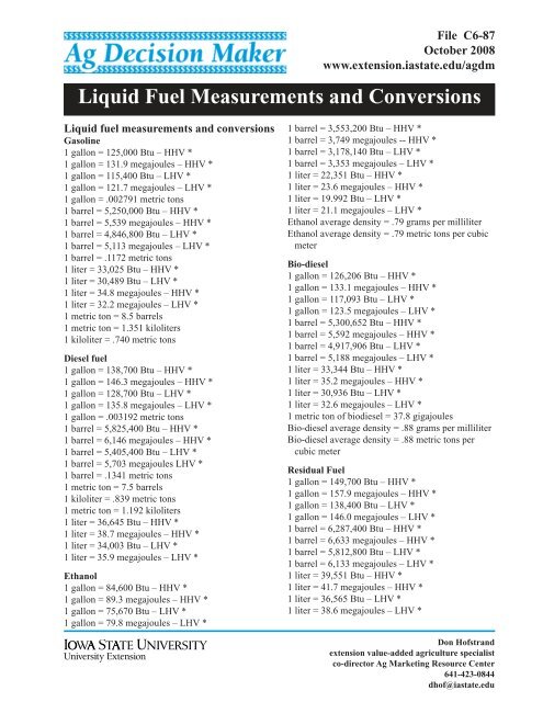 Liquid Fuel Measurements and Conversions - Iowa State University ...