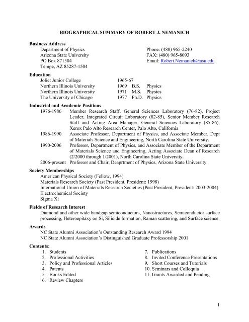 Biographical Summary Of Robert J Nemanich Department Of Physics