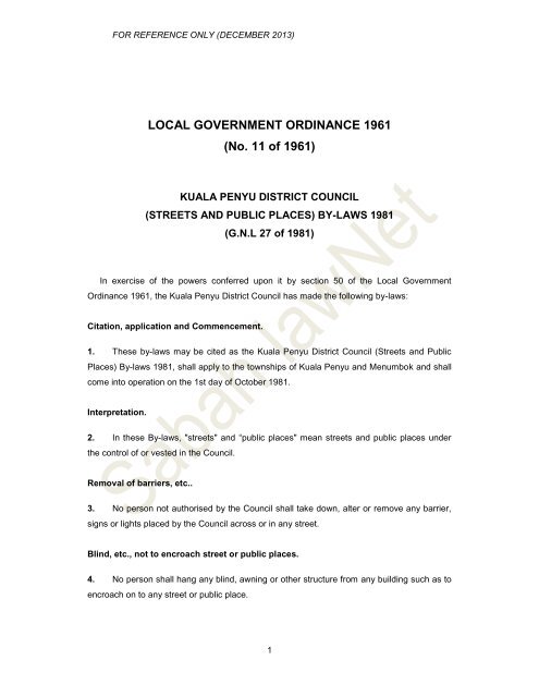 LOCAL GOVERNMENT ORDINANCE 1961 (No. 11 ... - Sabah Lawnet