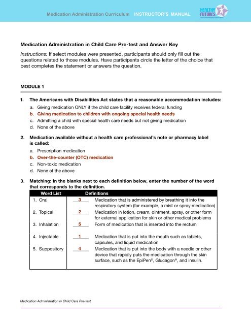 Medication Administration in Child Care Pre-test and Answer Key ...