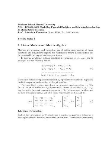 1. Linear Models and Matrix Algebra - Professor Menelaos Karanasos