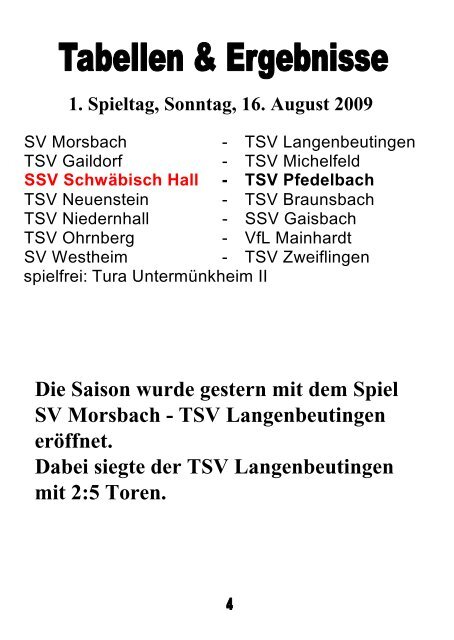 Heft des SSV SchwÃ¤b. Hall 16. August 2009 - TSV Pfedelbach