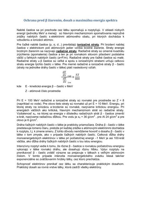 Ochrana pred β žiarením, dosah a maximálna energia spektra