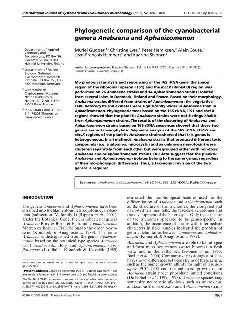 Phylogenetic comparison of the cyanobacterial genera Anabaena ...