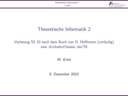 Theoretische Informatik 2 - Vorlesung SS 10 nach dem Buch von D ...