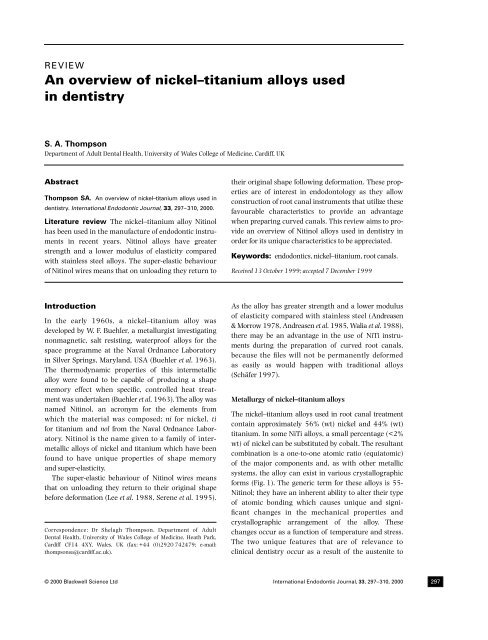 An overview of nickel titanium alloys used in dentistry
