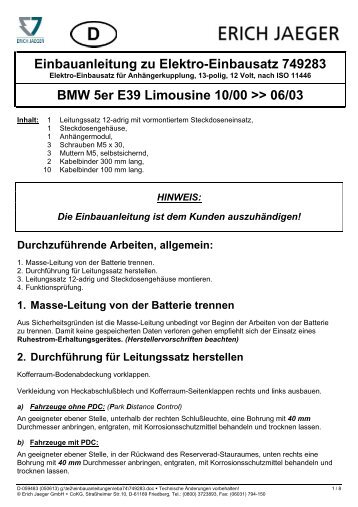 Einbauanleitung zu Elektro-Einbausatz 749283 BMW 5er E39 ...