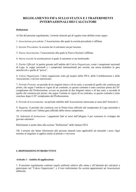 Regolamento FIFA Status Calciatori 2008 - Diritto Calcistico