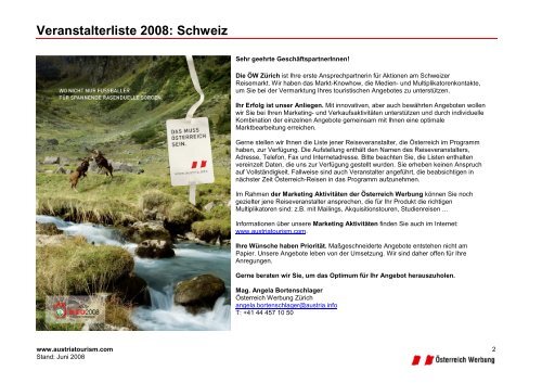 Veranstalterliste 2008: Schweiz