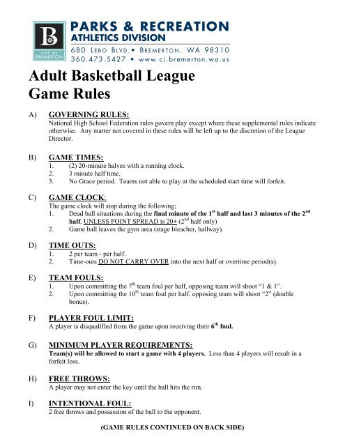 Adult Basketball League Game Rules