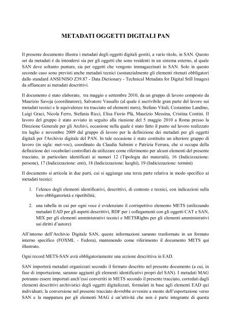 Metadati Oggetti Digitali SAN - Istituto Centrale per gli Archivi