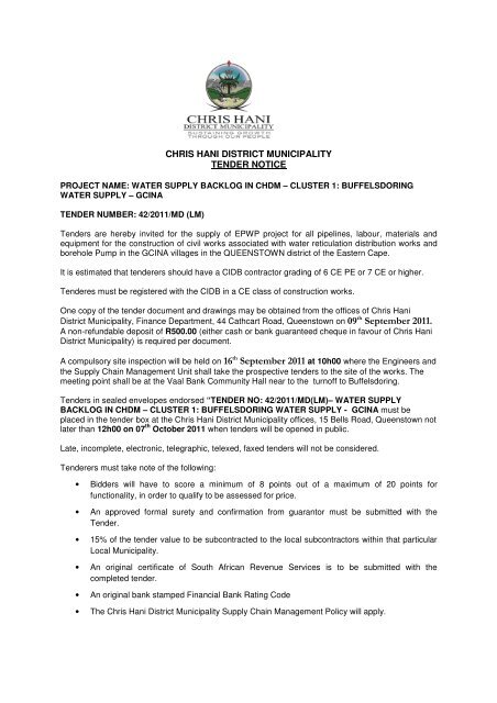 CHRIS HANI DISTRICT MUNICIPALITY TENDER NOTICE