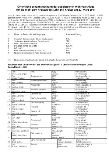 Ã–ffentliche Bekanntmachung der zugelassenen ... - Lahn-Dill-Kreis