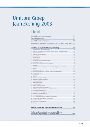 Umicore Groep Jaarrekening 2003