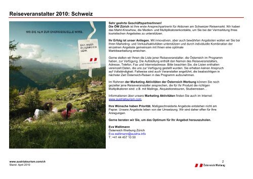 Reiseveranstalter 2010: Schweiz