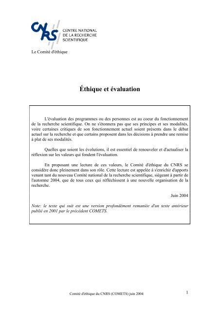 Ethique et ÃƒÂ©valuation - CNRS