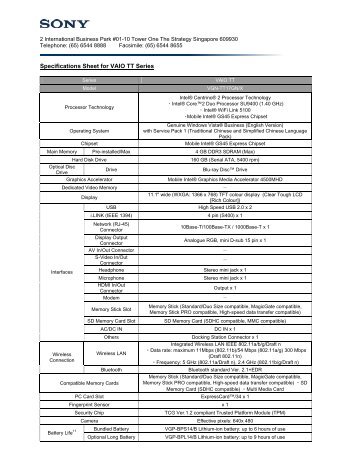 Specifications Sheet for VAIO TT Series - Sony Asia Pacific