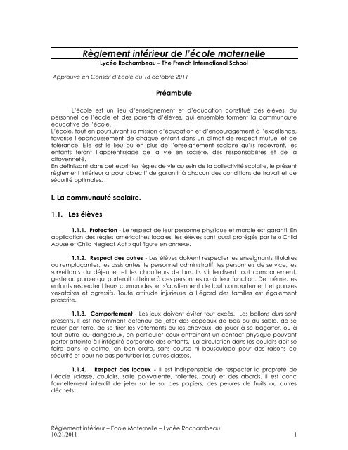 Règlement de l'école maternelle - Lycée Rochambeau