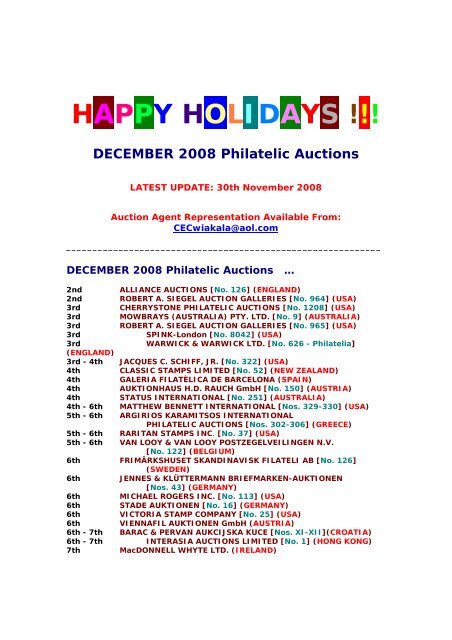 HAPPY HOLIDAYS !!! DECEMBER 2008 Philatelic Auctions - Japhila