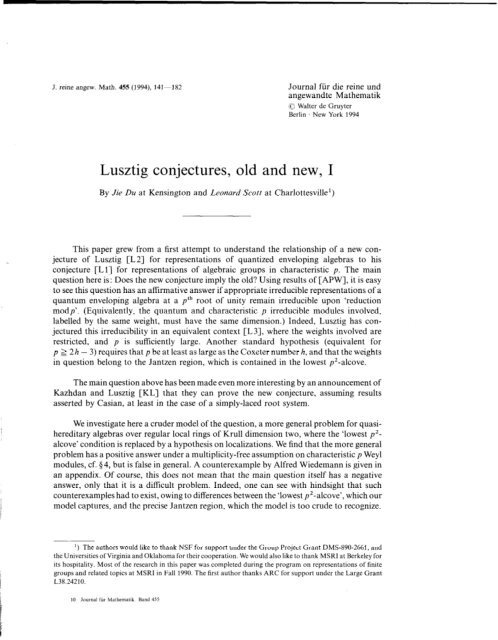 Lusztig conjectures, old and new, I - Department of Mathematics