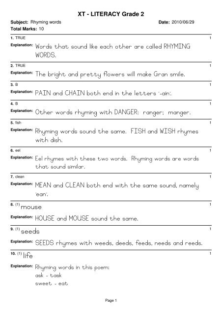Grade 2 Rhyming Words - Rhyming Words Worksheet Primary Resources
