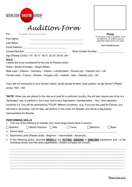 Audition Form - Beenleigh Theatre Group