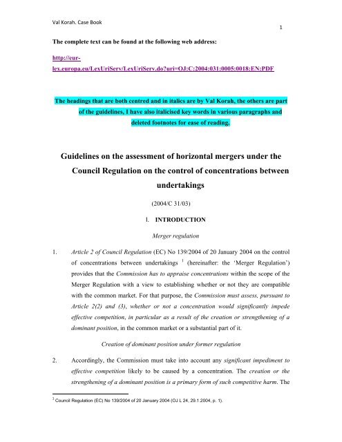 Guidelines on the assessment of horizontal mergers under the ...