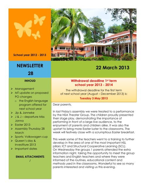 NEWSLETTER 28 22 March 2013 - Hollandse School Singapore